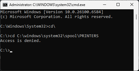 Screenshot of Command Prompt Window showing Access is denied error when trying to cd into the spool\PRINTERS directory.